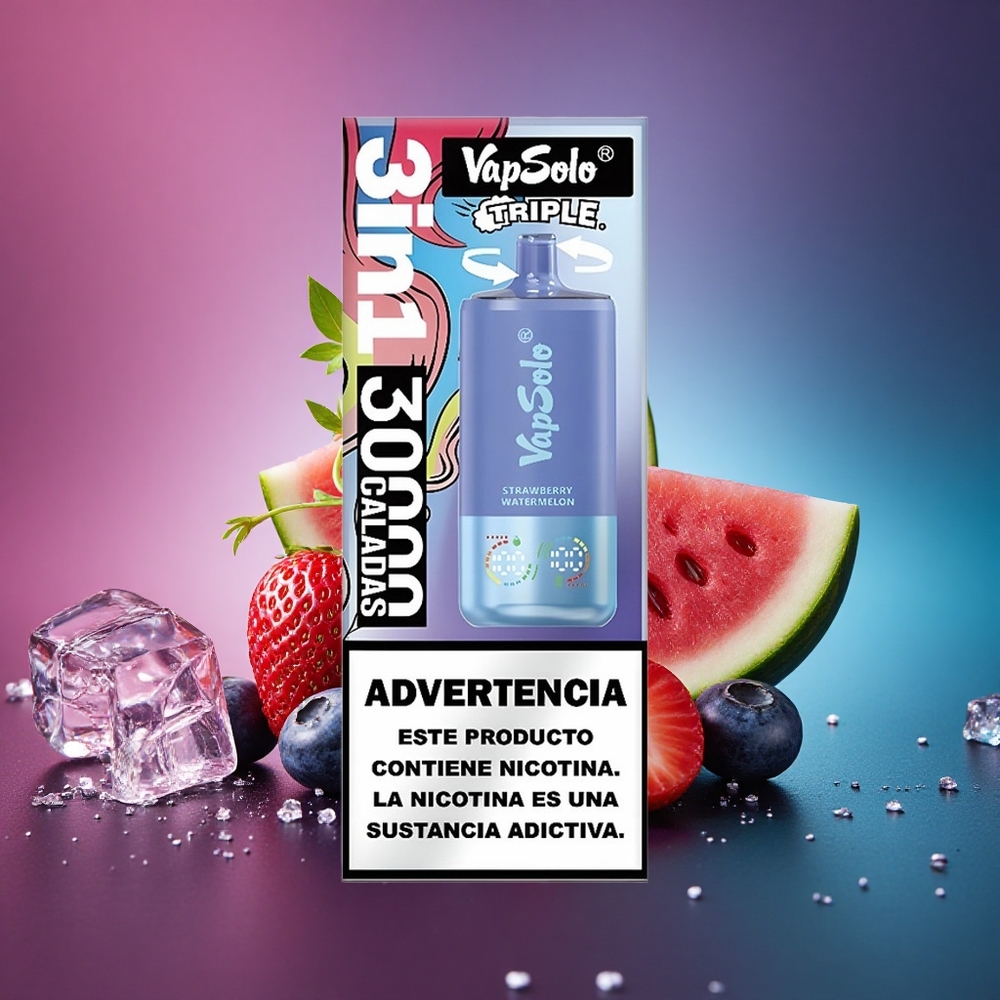 Vapsolo Triple 30000 Puffs Fresa Sandía & Arándano Hielo con 40ml de Líquido y Nicotina 20mg/ml